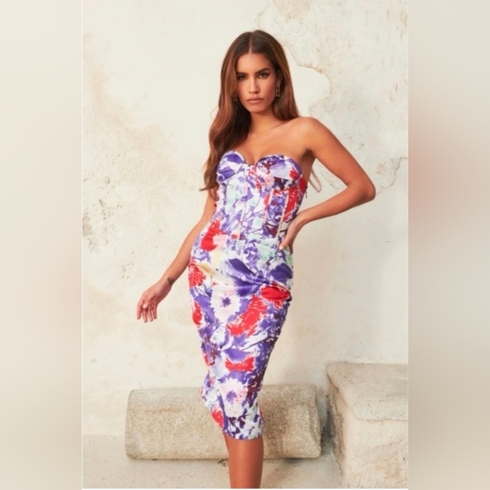 Lavish Alice Women's Floral Print Satin Strapless Corset Midi Dress 14